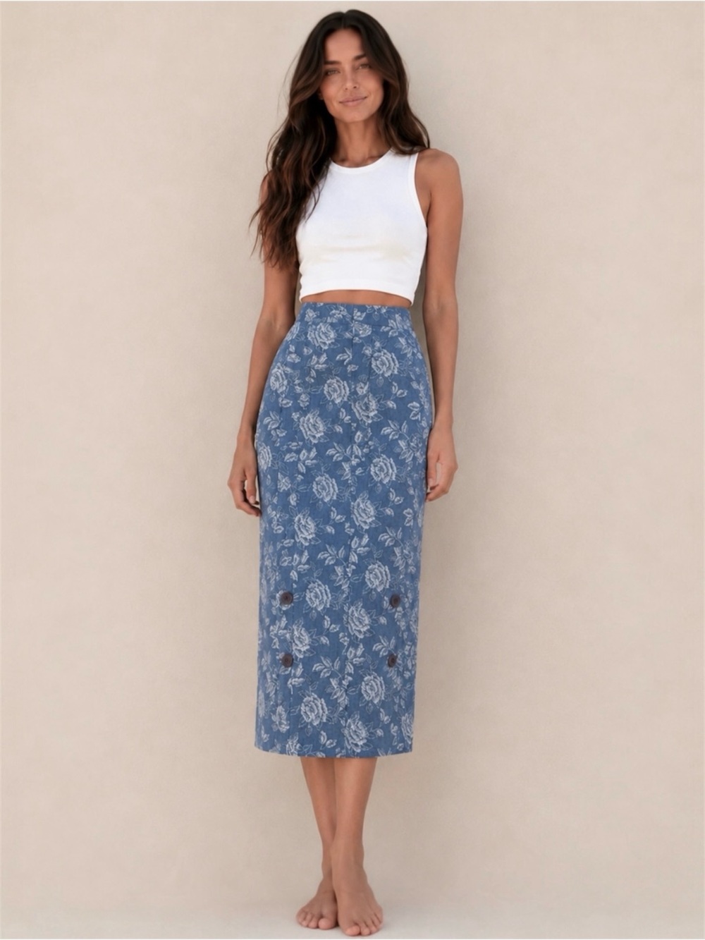 Vintage Blue Floral Cotton Pencil Skirt Made in Canada High Waist Small Medium